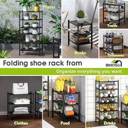 BMOSU 3-Tier Bamboo Small Shoe Rack Premium Stackable Shoe Shelf Storage Organizer for Hallway Closet Living Room Entryway Organizer(Black)