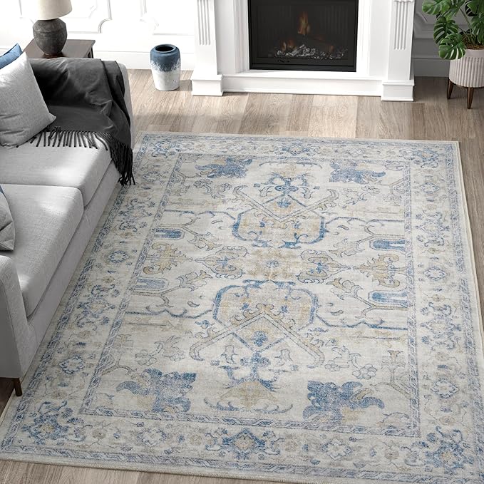 jinchan 5x7 Area Rugs Machine Washable Vintage Floral Throw Rug for Living Room Soft Ultra-Thin Low Pile Non-Slip Carpet for Kitchen,Bedroom,Dining Room,Nursery (5x7ft,Blue)