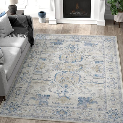 jinchan 5x7 Area Rugs Machine Washable Vintage Floral Throw Rug for Living Room Soft Ultra-Thin Low Pile Non-Slip Carpet for Kitchen,Bedroom,Dining Room,Nursery (5x7ft,Blue)