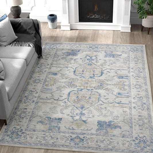 jinchan 4x6 Machine Washable Area Rugs Ultra-Thin Soft Throw Rug Low Pile Non-Slip Stain Resistant Distressed Vintage Floral Carpet for Bedroom,Living Room,Dining Room,Kitchen,Nursery(4x6ft,Blue)