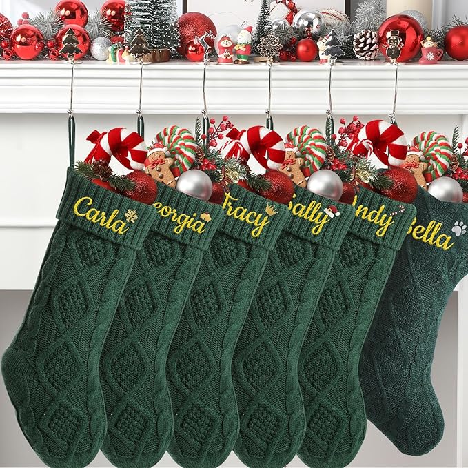 Personalized Christmas Stockings,Custom Embroidered Name+Logo Xmas Knitted Stockings 18'',Holiday and Family Stocking for Fireplace Christmas Holiday Party Decoration 1-6Pack（Green）