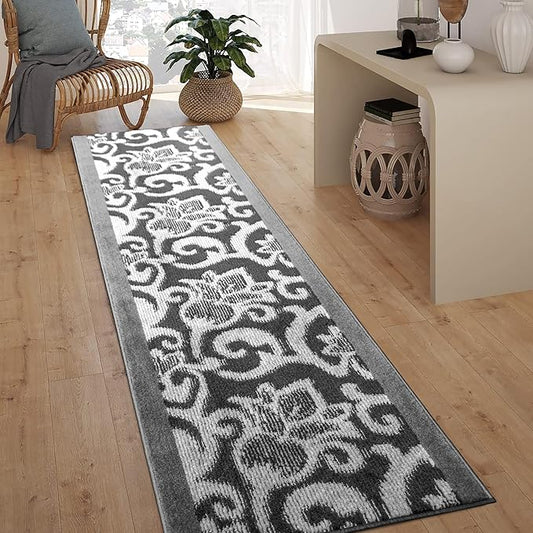 10 Ft Long Non-Slip Washable Carpet Runner Rug with Rubber Backing, Custom Floor Mat for Kitchen Hallway Stairs Bedroom Bathroom Entryway, Your Choice of Length, Lily Anthracite (26" X 10')