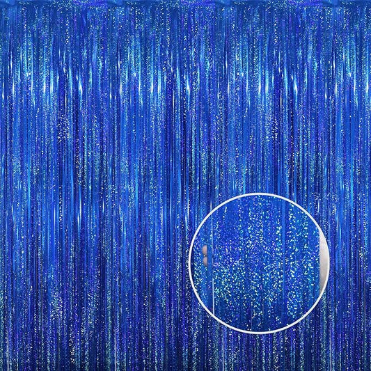 GOER 3.2 ft x 8.2 ft Metallic Tinsel Foil Fringe Curtains Party Photo Backdrop Party Streamers for Birthday,Graduation,New Year Eve Decorations Wedding Decor(5 Packs,Shiny Blue)