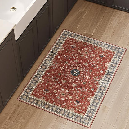2x3 Entryway Rug, Red Small Boho Washable Rug, Modern Soft Christmas Non-Slip Area Rug, Low Pile Carpet for Entryway Kitchen Bathroom Front Doormat Indoor Entrance Throw Rugs, Red/Gold