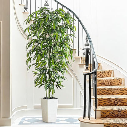 Artificial Bamboo Tree 6FT Tall Fake Plants Faux Bamboo Plant with White Tall Planter, Artificial Fake Trees Silk Plant with 5 Trunks and Lifelike Leaves for Home Office Indoor Outdoor Decor