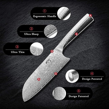 3 Pieces Damascus Kitchen Knife Set with 8” Chef Knife, 7” Santoku Knife, 3.5” Paring Knife, 67 Layer Handmade Damascus VG10 Steel Core, Hammered Ergonomic Handle (Gift Box)