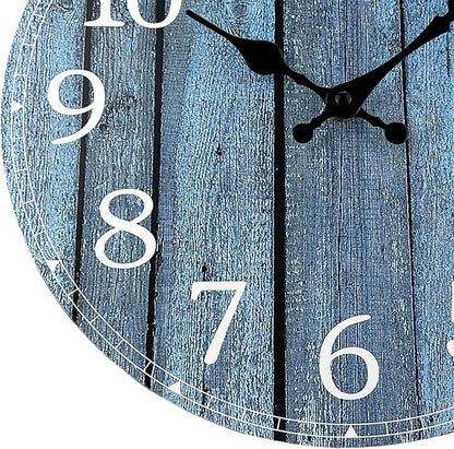 Plumeet Small Wall Clock, 10'' Frameless Wooden Wall Clocks with Silent Quartz Movement, Rustic Coastal Country Village Clocks Decorative for Kitchen Bedroom Living Room, Blue