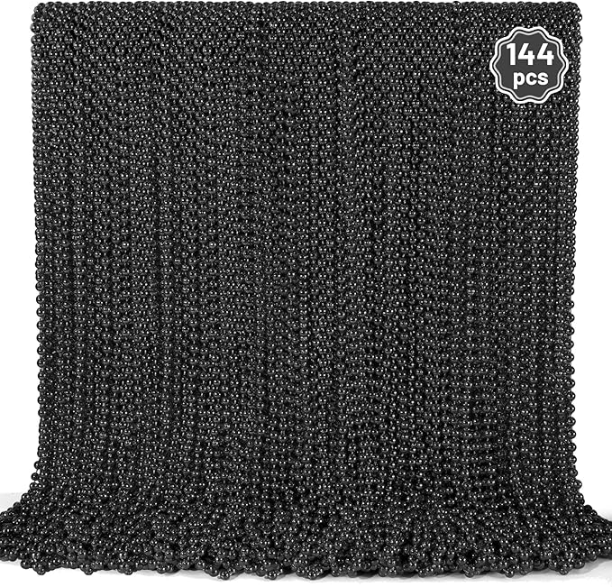 YAXINRUI 144 PCS Black Bead Necklaces, Black Mardi Gras Beads, Halloween Beads Necklace, New Year Eve Necklaces, 33 Inch Black Beaded Necklace for Mardi Gras Christmas Halloween Festive Events