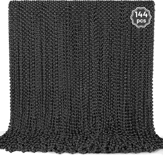 YAXINRUI 144 PCS Black Bead Necklaces, Black Mardi Gras Beads, Halloween Beads Necklace, New Year Eve Necklaces, 33 Inch Black Beaded Necklace for Mardi Gras Christmas Halloween Festive Events