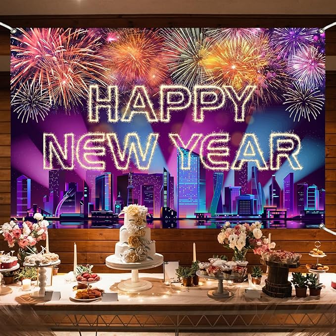 Happy New Year Banner 2026 Purple New York City Night View Manhattan Backdrop Retyshia Sparkling Fireworks Happy New Year Decorations Banner for NYE Party Photo Booth 5.9×3.6 Ft (Polyester)
