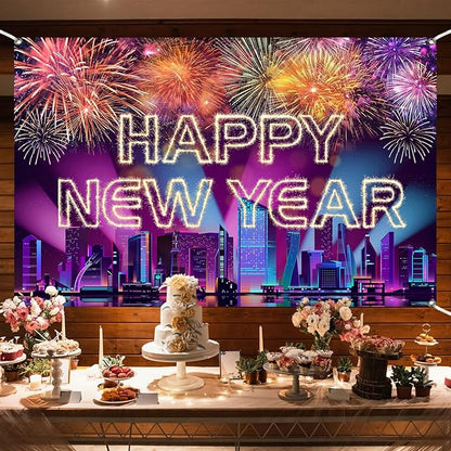Happy New Year Banner 2026 Purple New York City Night View Manhattan Backdrop Retyshia Sparkling Fireworks Happy New Year Decorations Banner for NYE Party Photo Booth 5.9×3.6 Ft (Polyester)