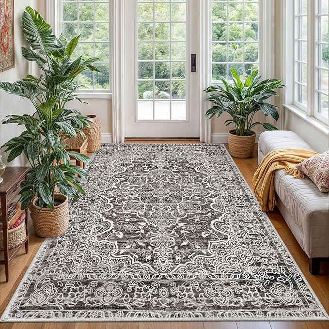 KUTA Vintage Area Rug 4x6 Living Room, Washable Rugs Distressed Tribal Tan Grey, Non-Slip Dining Room Carpet, Soft Low Pile Printed Cozy Small Area Throw for Bedroom, Nursery