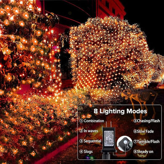 BlcTec Halloween Lights 200 LED 8.2ft x 4.9ft Orange Net Lights with 8 Modes, UL Certified, Timer, Connectable, Waterproof, Dark Green Wire for Trees, Bushes, Shrub, Lawn Halloween Decorations Outdoor