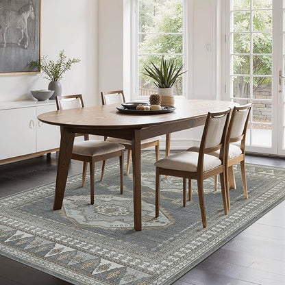 GENIMO Machine Washable 8x10 Area Rugs for Living Room, Non Slip Vintage Rugs, Low Pile Lightweight Chenille Print Rug for Bedroom, Dining Room, Home Office, Gray/Beige