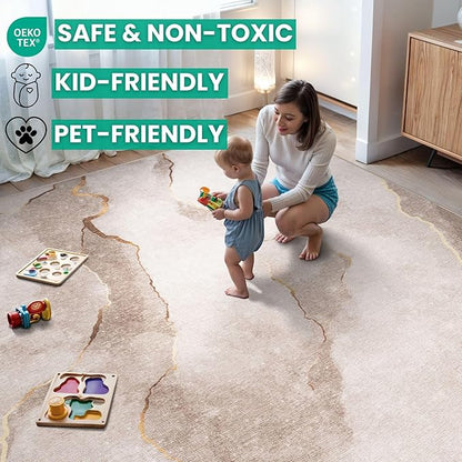Bloom Rugs Caria Washable Non-Slip 3x5 Rug - Ivory/Gold Modern Abstract Area Rug for Living Room, Bedroom, Dining Room, and Kitchen - Exact Size: 3' x 5'