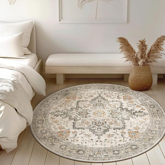 GENIMO 4FT Round Area Rugs for Living Room, Circle Rugs Machine Washable Low Pile, Chenille Non Slip Vintage Rug for Bedroom, Dining Room, Home Office, Light Taupe Brown