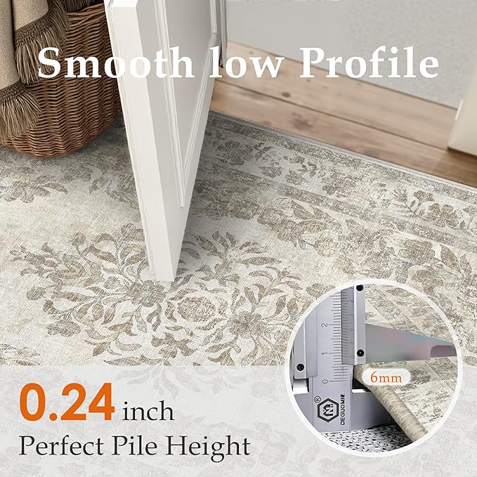 2x6 Runner Rug Beige Washable Hallway Kitchen Bedroom Vintage Distressed Bathroom Non Slip Medallion Floral Carpet Indoor Retro Throw Floor Mat for Office Dining Laundry Living Room
