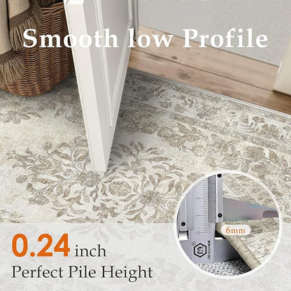 2x8 Runner Rug Beige Washable Hallway Kitchen Bedroom Vintage Distressed Bathroom Non Slip Medallion Floral Carpet Indoor Retro Throw Floor Mat for Office Dining Laundry Living Room