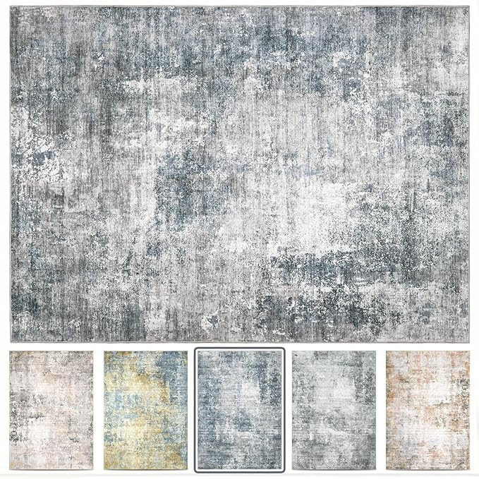 Modern Abstract Washable Area Rug - 5x7 Large Living Room Rugs Soft Stain Resistant Non-Slip Low Pile Foldable Neutral Carpet for Indoor Bedroom Dining Room Home Studio Office - Blue/Grey