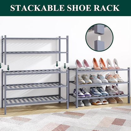 Smiry Bamboo Shoe Rack for Closet, 2 Tier Wooden Stackable Shoe Organizer, Free Standing Shoes Storage Shelf for Entryway, Front Door Entrance, Grey