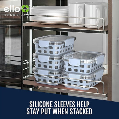 Ello Duraglass 3.4 Cup Meal Prep Sets 10Pc, 5 Pack Set- Glass Food Storage Container with Silicone Sleeve and Airtight BPA-Free Plastic Lids, Dishwasher, Microwave, and Freezer Safe, Halogen Blue