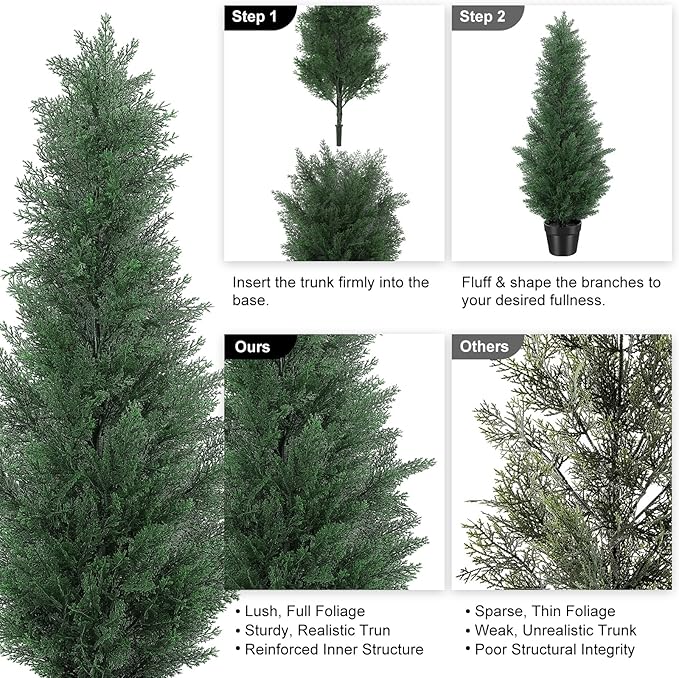 3FT Artificial Cedar Tree - Realistic Faux Cedar Trees for Outdoor Planters - Fake Cypress Trees for Front Porch - Faux Evergreen Plants for Home Porch Decor - Set of 2