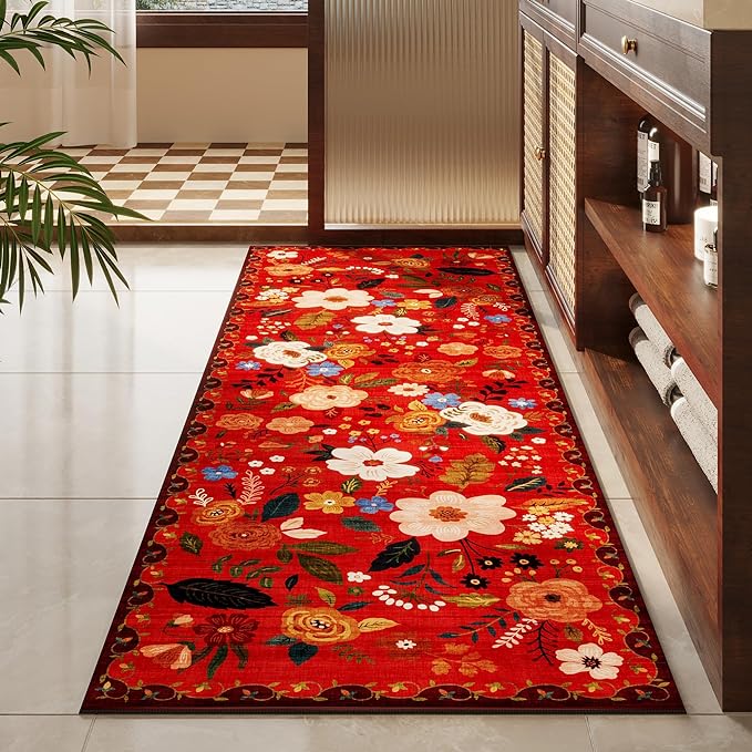 Rugcomf Runner Rug for Hallways Kitchen Rug Non Slip 2'x 6' Washable Runner Rugs with Rubber Backing Soft Floral Carpet Runner for Hallways, Kitchen, Laundry, Bedroom, Bathroom(Red)