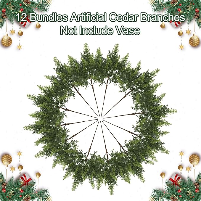 12PCS Cedar Branches for Christmas Decorations, Christmas Artificial Cedar Branches Decor Indoor