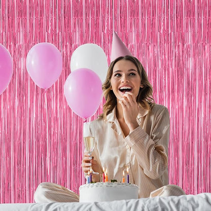 12 Pack Pink Backdrop, 3.28 FT x 7.05 FT Foil Fringe Curtains, Metallic Pink Tinsel Curtain Party Streamer Birthday Backdrop for Girl, Brithday Decorations Bachelorette Party Supplies
