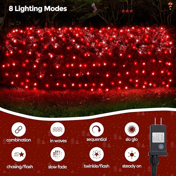 WBao Christmas Lights, 200LED 8.4ft x 5.2ft Net Lights Outdoor Mesh Light with 8 Modes, Timer, UL Certified, End to End Connectable, Waterproof for Lawn, Bushes Outdoor Christmas Decorations, Red