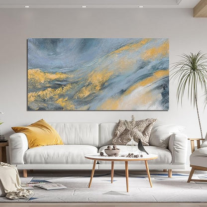 Abstract Wall Art Decor Large Modern Blue Wall Art Prints Canvas Wall Art for Living Room Abstract Canvas Art Wall Decor Gold Wall Art Decorations Artwork for Walls Kitchen Bedroom Decor 24" X 48"