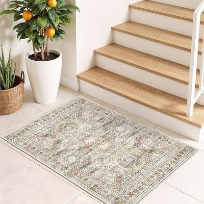 2x3 Washable Rug Runner for Bathroom, Soft Entryway Rug for Laundry Room, Kitchen, Vintage Abstract Hallway Runner for Bedroom, Anti-Slip Door Mat Indoor Entrance(2'x3', Brown/Pink)