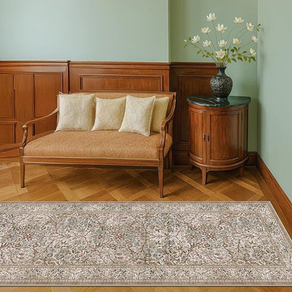 Non Slip 2x10 Moss Green Hallway Runner - 10ft Long Runner Rugs, Washable Kitchen Floor Mat - Vintage Brown Taupe Neutral Floral Design Décor