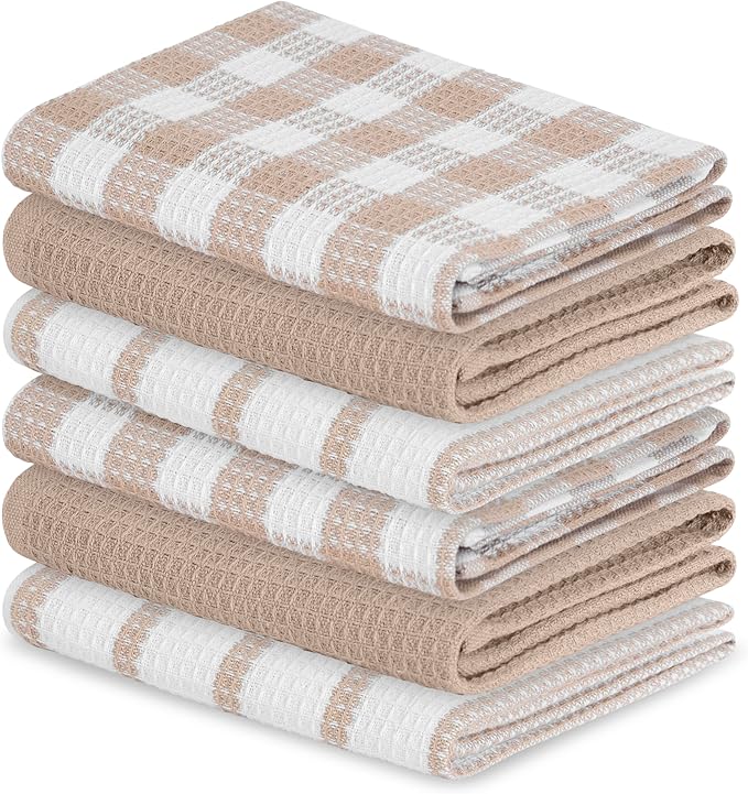 Blue Needles Waffle Weave Kitchen Towels, 15x25 Inches 100% Cotton Set of 6 Dish Cloths for Kitchen, Ultra Soft & Absorbent with Hanging Loop, Dish Rags for Quick Drying, Assorted - Beige