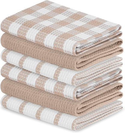 Blue Needles Waffle Weave Kitchen Towels, 15x25 Inches 100% Cotton Set of 6 Dish Cloths for Kitchen, Ultra Soft & Absorbent with Hanging Loop, Dish Rags for Quick Drying, Assorted - Beige