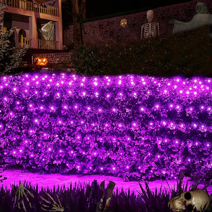WBao Halloween Lights Outdoor 200LED 8.4ft x 5.2ft Purple Net Lights with 8 Modes, Timer, UL Certified, Connectable, Waterproof & Dark Green Wire for Lawn, Bushes, Trees, Outdoor Halloween Decorations