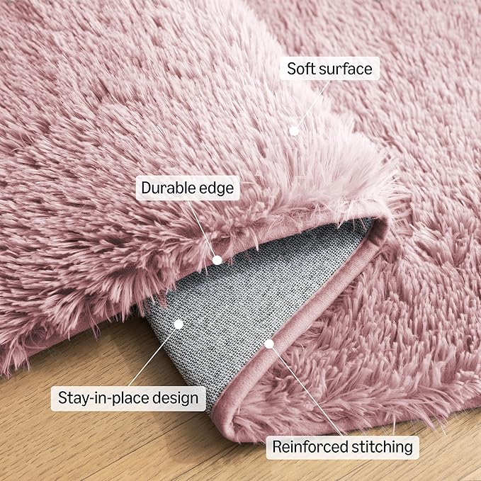 Amazon Basics Fluffy Washable Area Rug, Shaggy Carpet for Living Room, Bedroom, 5' W × 7' L, Pink