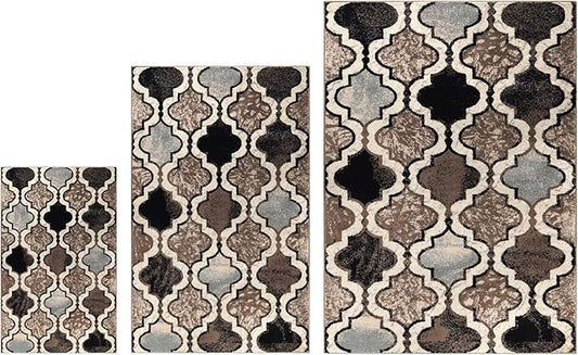 Superior Viking 3 Piece Indoor Area Rug Set, Jute Backing, Modern Trellis Decor for Hallway, Entry, Office, Kitchen, Bedroom, Living Room Floors, Plush Rugs, 3' x 5', 5' x 8', 8' x 10', Ivory