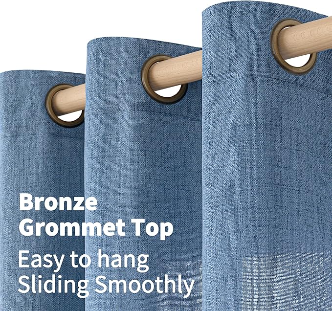YoungsTex Denim Blue Linen Curtains 95 Inch Length for Living Room, Semi Sheer Window Drapes with Bronze Grommet Privacy Light Filtering for Farmhouse Office Bedroom, 52 x 95 Inch, 2 Panels