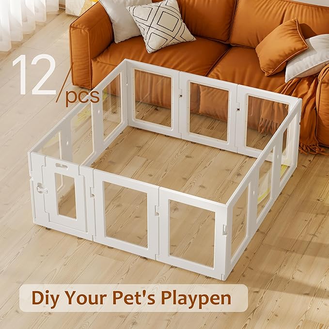 Clear Acrylic Dog Playpen Indoor, Puppy Cat Small Pet Play Pen, Easy Assemble & Disassemble Sturdy Plastic Dog Fence with Heavy Duty Door Lock (24In H, 12Panels), White