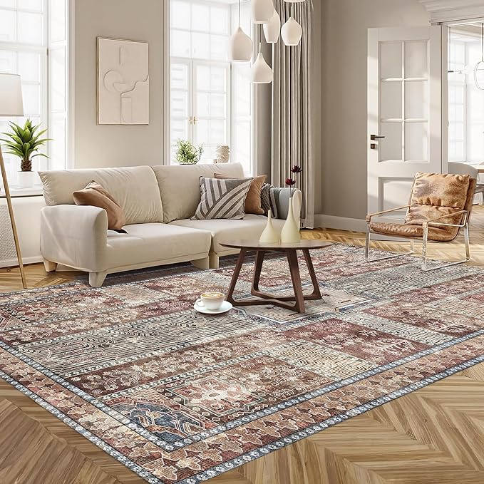 Vintage 9' x 12' Washable Area Rug - Stylish Indoor Rug for Living, Dining or Bedroom - Lightweight Carpet with Non-Slip Backing - Foldable for Easy Placement and Maintenance - Rust