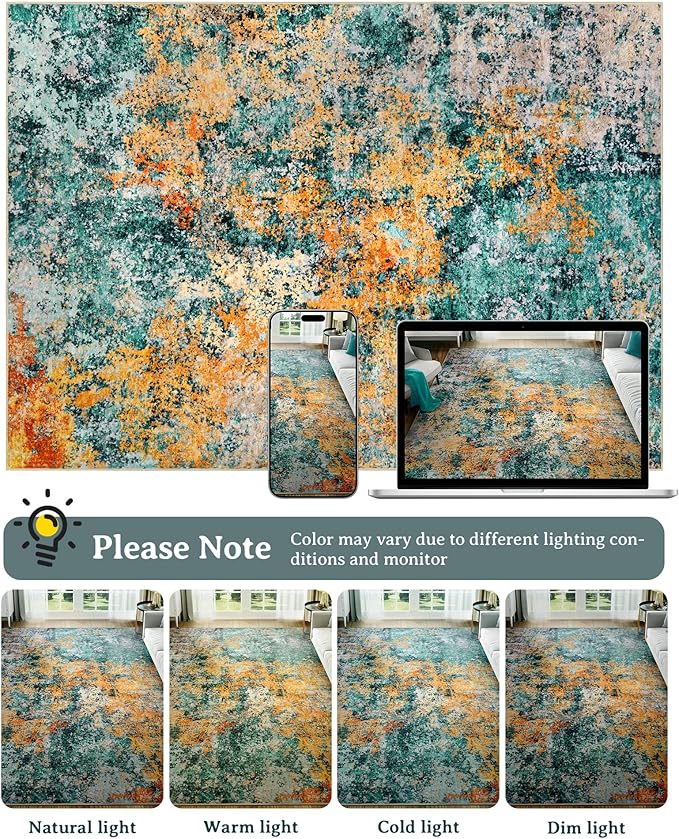AUKOW 9x12 Area Rug for Living Room - Washable Rugs Modern Abstract Neutral Soft Rug for Bedroom Dining Room No Slip Low Pile Carpet for Nursery Home Office - Teal/Orange
