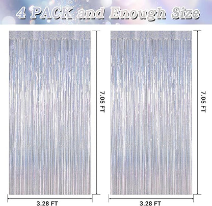 4 Pack NYE Silver Tinsel Foil Curtain, 3.28 FT x 7.05 FT Glitter Silver Tinsel Curtains, Metallic Foil Streamer Disco Fringe Backdrop Party Curtains, Birthday New Year Party Supplies Disco Decor