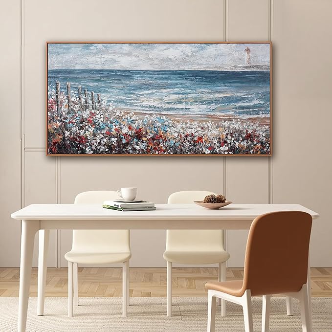 Wall Art Decor Wall Canvas Painting Blue Sea Colorful flowers Landscape Decor Framed For Living Room Bedroom Dining Room Home Office Modern Artwork Home Decoration 24" x 48"