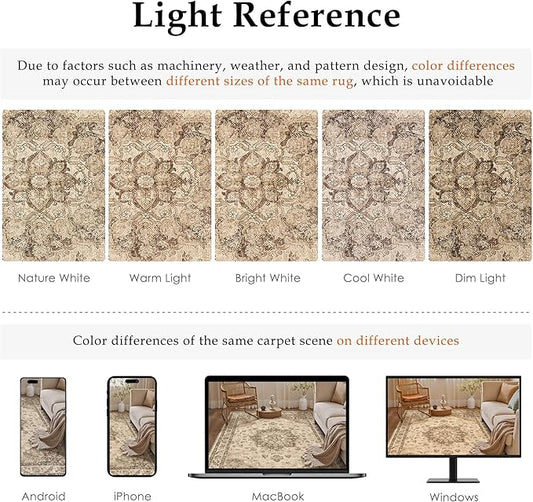 Brown Area Rug 4x6 Washable Vintage Carpet for Office Living Room Soft Retro Low Pile Thin Indoor Rug Non Slip Oriental Medallion Floor Cover for Bedroom Kitchen Dining Room