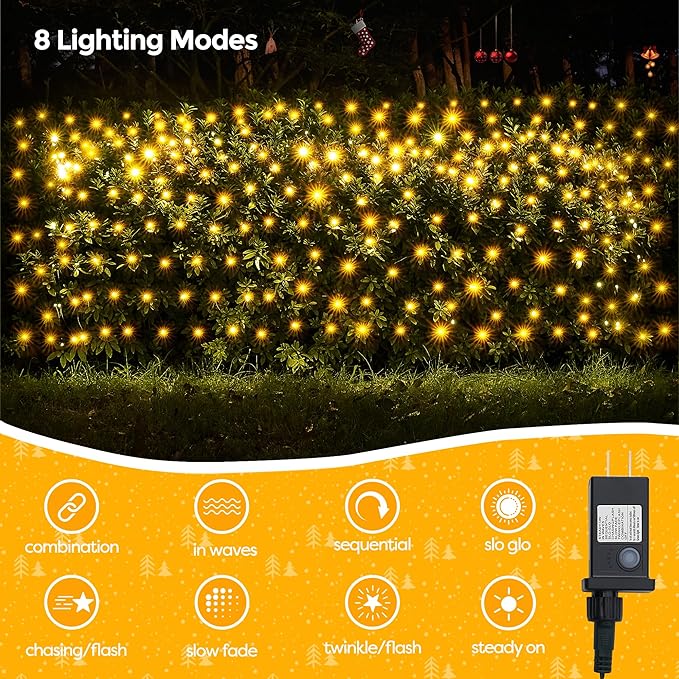 WBao Christmas Lights Outdoor, 200LED 8.4ft x 5.2ft Christmas Net Lights with 8 Modes, Timer, End to End Connectable, Waterproof LED Net Lights for Lawn, Bushes, Trees Xmas Decorations, Warm White