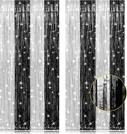 2 Pack 3.2 x 8.2 ft Black and Silver Foil Fringe Curtains Party Decorations, Sparkle Tinsel Curtain Photo Backdrop for Birthday Wedding Graduation Stream