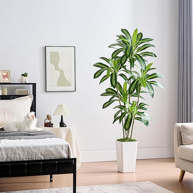 Artificial Dracaena Tree Artificial Silk Tree Faux Tree Fake Tropical Yucca Floor Plant with White Tall Planter (1, White Tall Planter, 6FT)