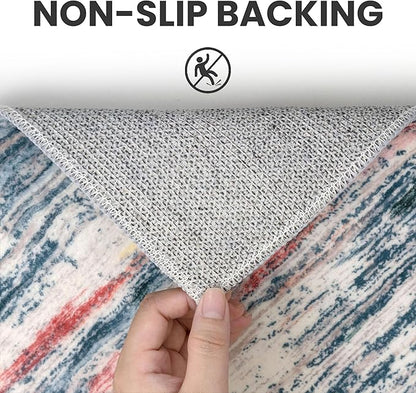 3x5 Modern Abstract Area Rug for Entryway, Teal Blue Peach Gray Multi Super Soft Washable Rug with Non-Slip, Low-Pile Door Mat Indoor for Living Room Bedroom, Living Carpet with Non-Shedding