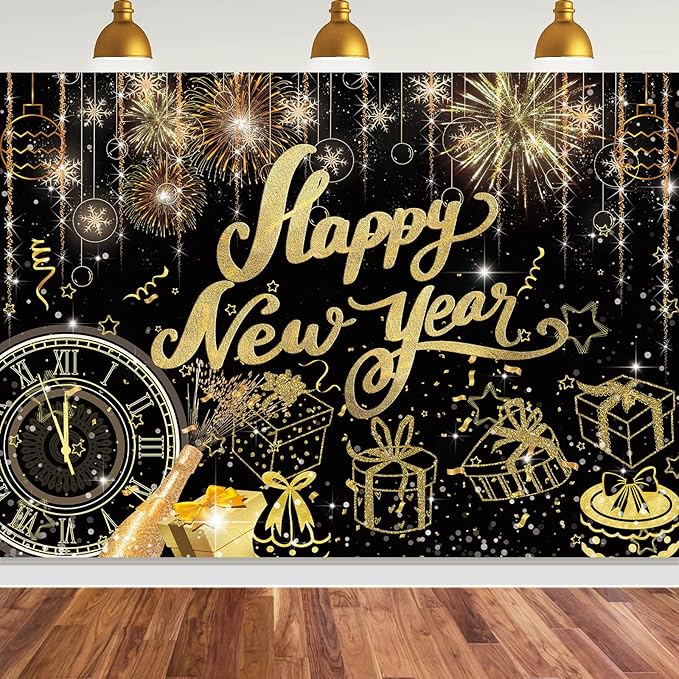 Happy New Year Backdrop,7x5FT 2026 Black Happy New Year Backdrop Party Decor New Year Banner New Year Eve Party Backdrop Supplies